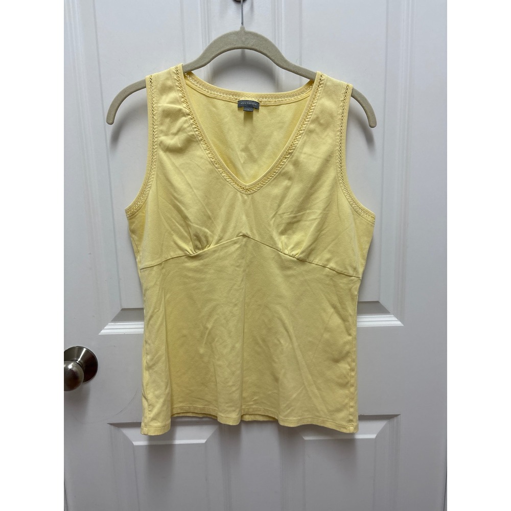 Ann Taylor Yellow V-Neck Tank Top Eyelet Lace Trim Empire Waist Size L